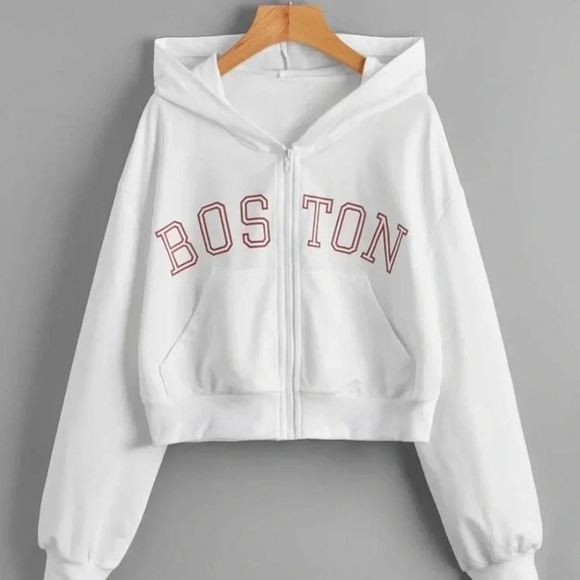 BOSTON NEW WOMENS WHITE GRAPHIC HOODED CROPPED ZIP SWEATSHIRT TOP SHIRT SIZE S - Picture 3 of 7